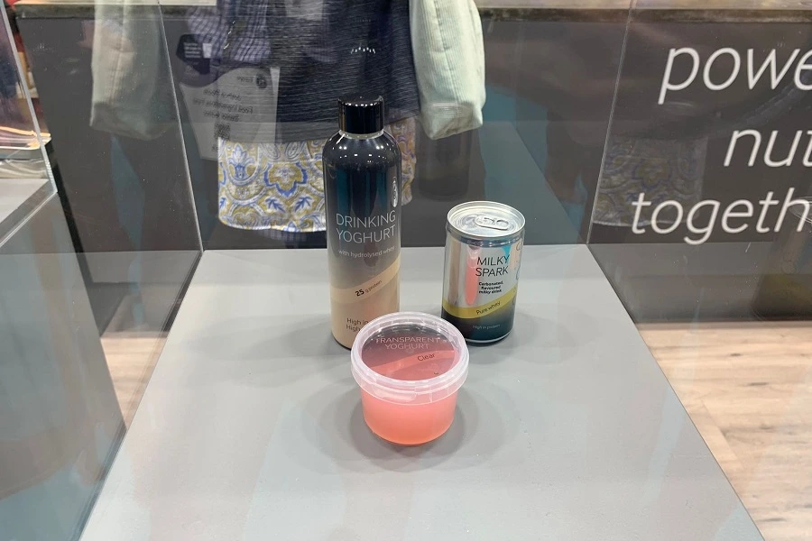 transparent yogurt and drink samples on trade show booth